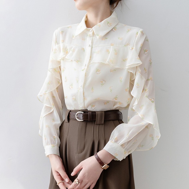 トップス シャツ · ブラウス 花柄 ペプラム 長袖 シングルブレスト S M L XL 2XL