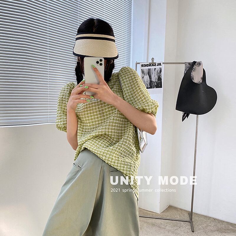 格子柄シャツ サマースタイルルーズバックレスレーススリーブラウンドネック薄手トップス 夏物 Oネック ビッグFスモールZ韓国70669039636