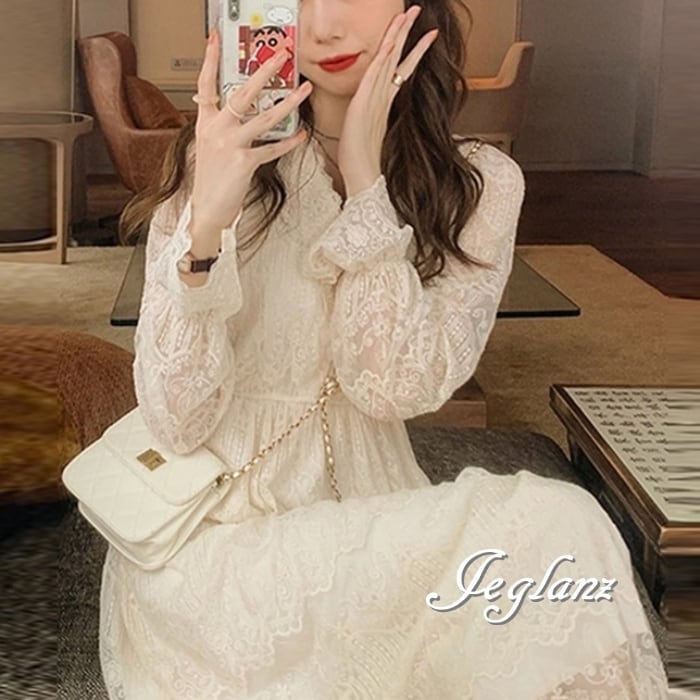 透かし彫り ワンピース レース スカラップ パール ボタン 高見え ♪(M4735)γα