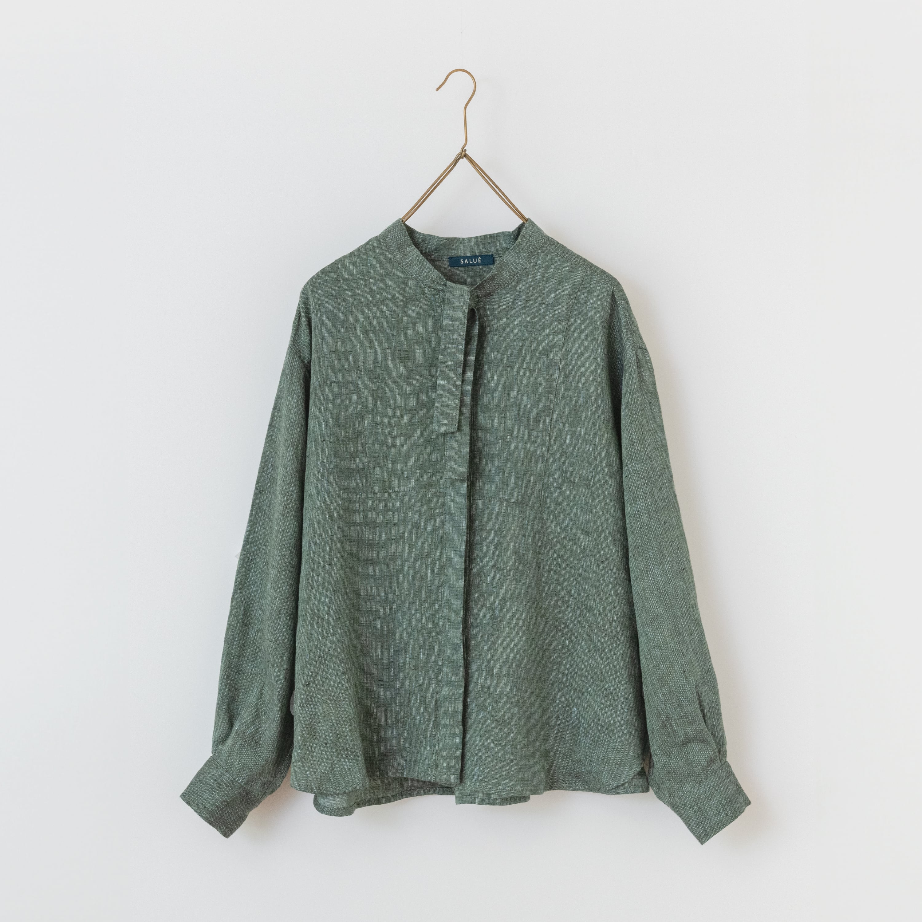 new:bow collar shirt/light weight linen〈melange green〉