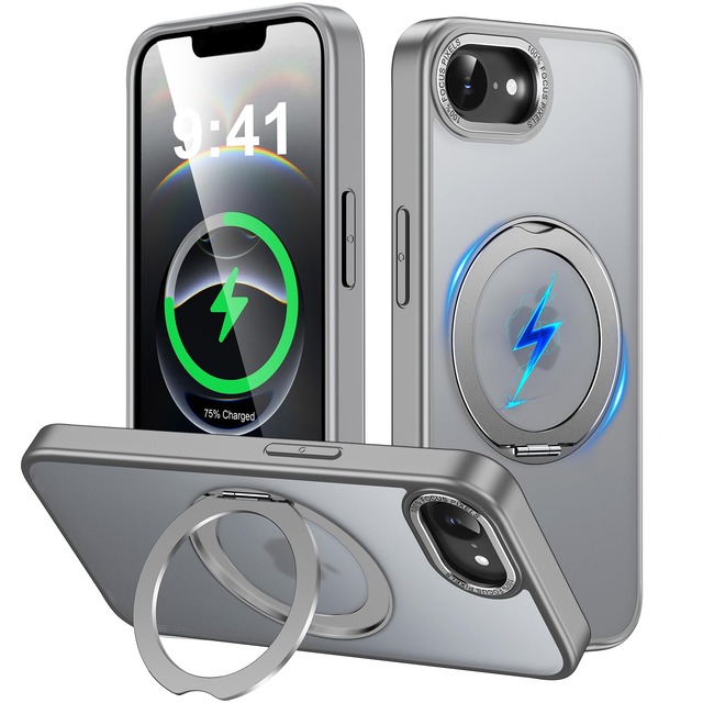 Gunwon iPhone 17e/16e 用 ケース Magsafe対応 360°回転スタンド 縦横両対応 耐衝撃 マット仕上げ「グレー」