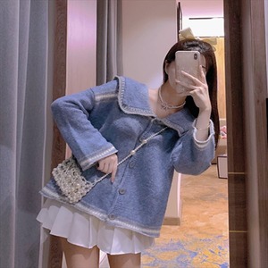 【送料無料】 ニットカーディガン  フェミニン  大人可愛い  長袖  大きめ襟  セーラー服風 ショート丈  こなれ感  バイカラー  レディースファッション・可愛い  韓国  パステルカラー  冬  お出かけ・女子会・デイリーユース