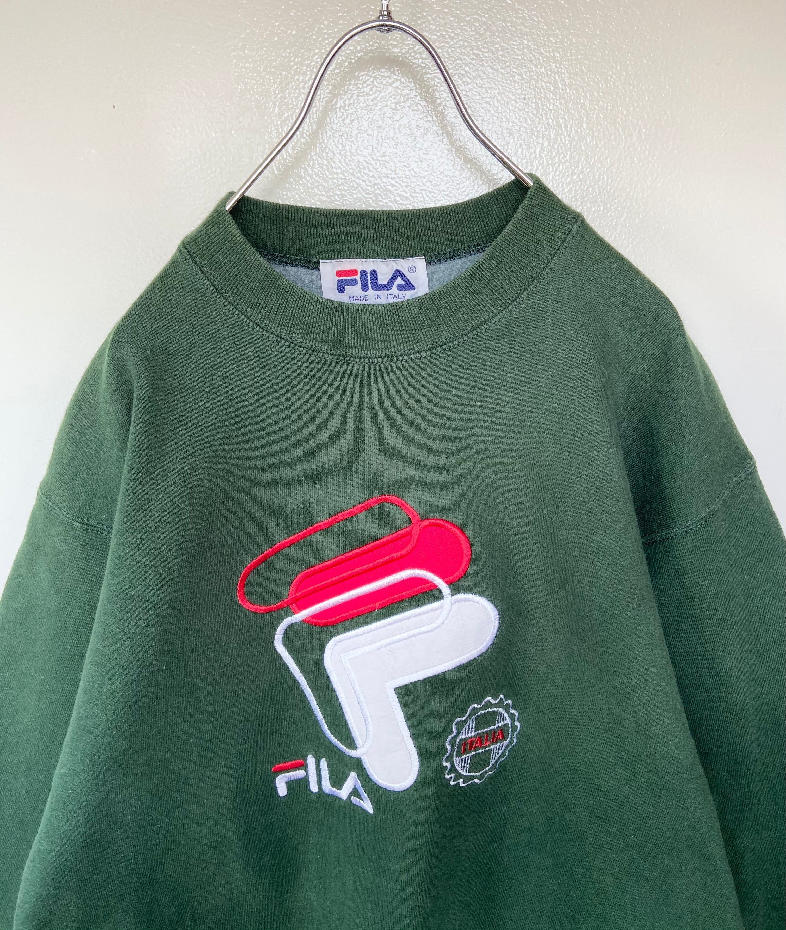 vintage 90s古着  FILA/フィラ 刺繍デカロゴ  イタリア製 緑スウェット