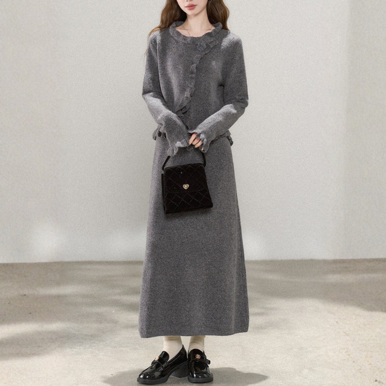 フリルニットカーディガンとスカートのセットアップ 3color W00848