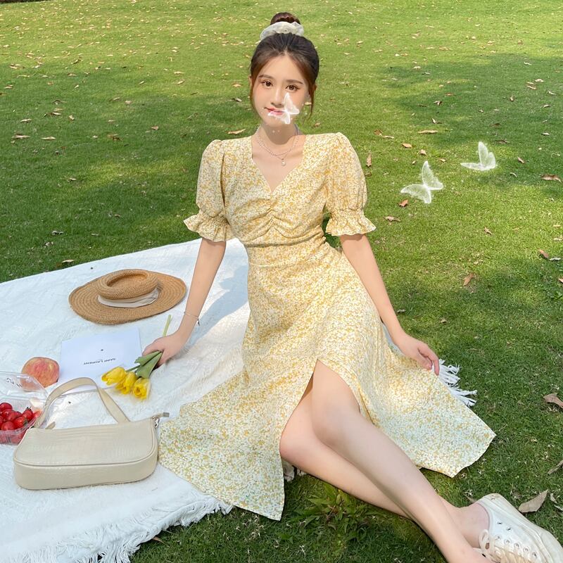 サマースカート Vネックウェストイエローフローラルドレス 大人ガーリー スウィート キュート カジュアル 夏物 花柄 YY-ファッション73789244506