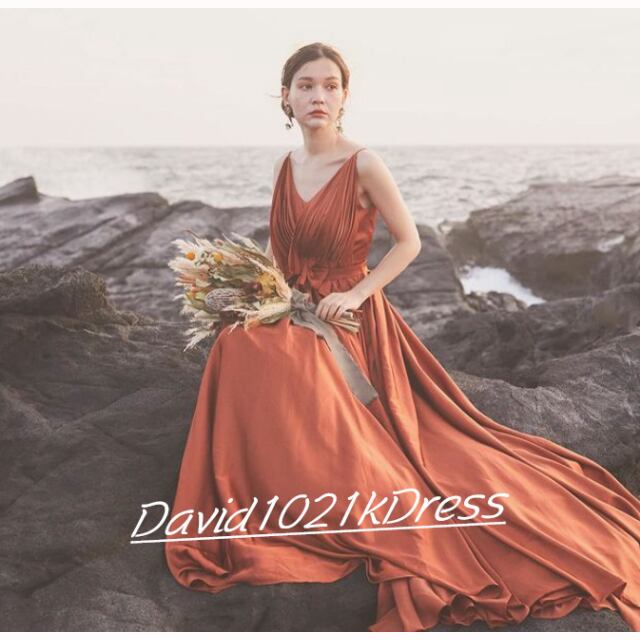 美晴ドレス テラコッタ Vネック ロングドレス ブラウンテラコッタドレス | Miharu shop美晴ドレスショップ 美晴