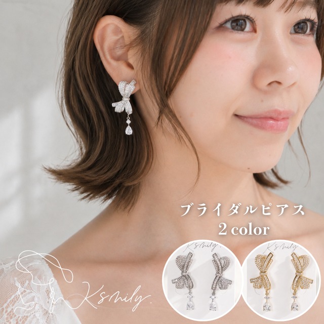y37-pi101【ピアス】ブライダル ジルコニア りぼん シルバー ゴールド