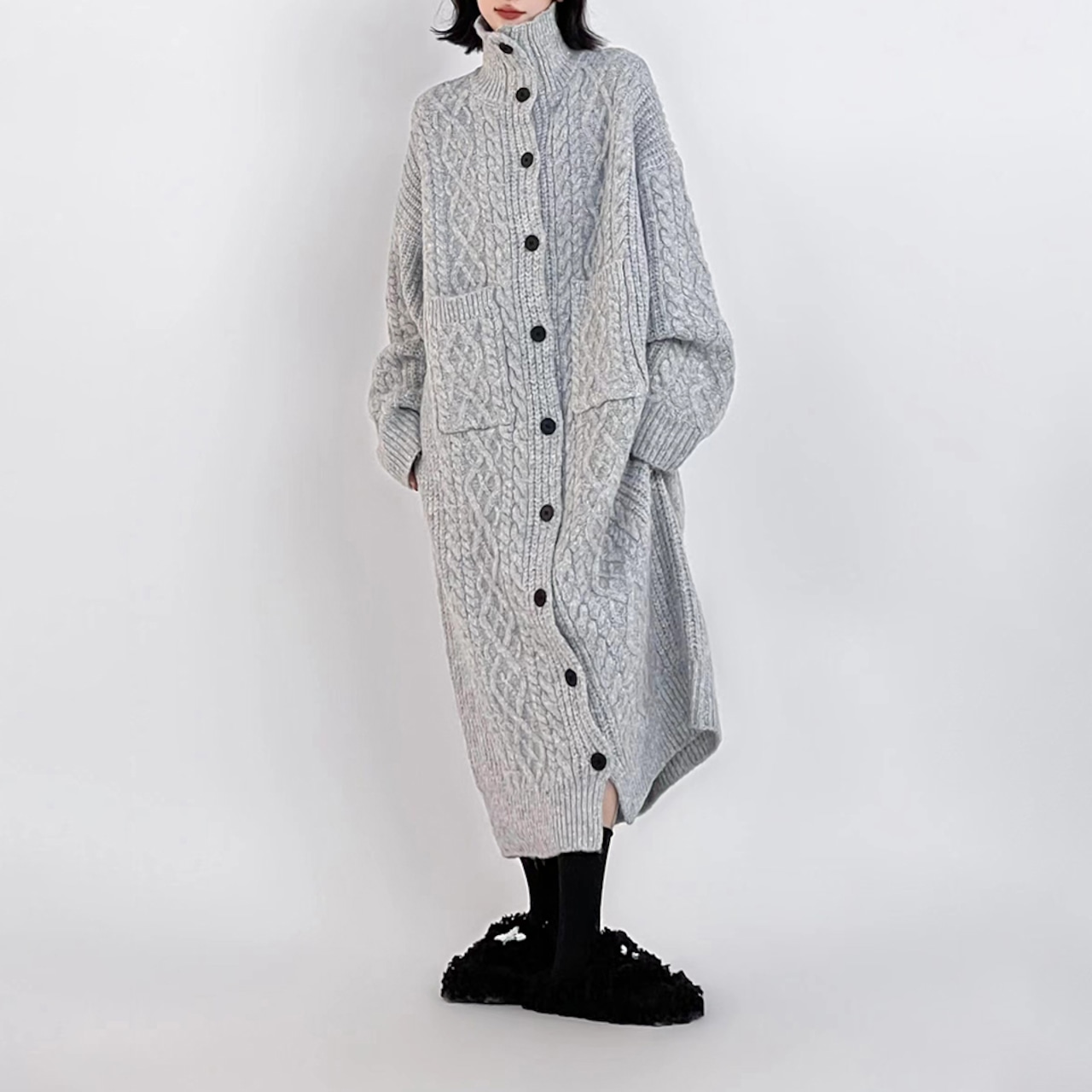 オーバーサイズ ハイネックロングニットカーディガン H0049