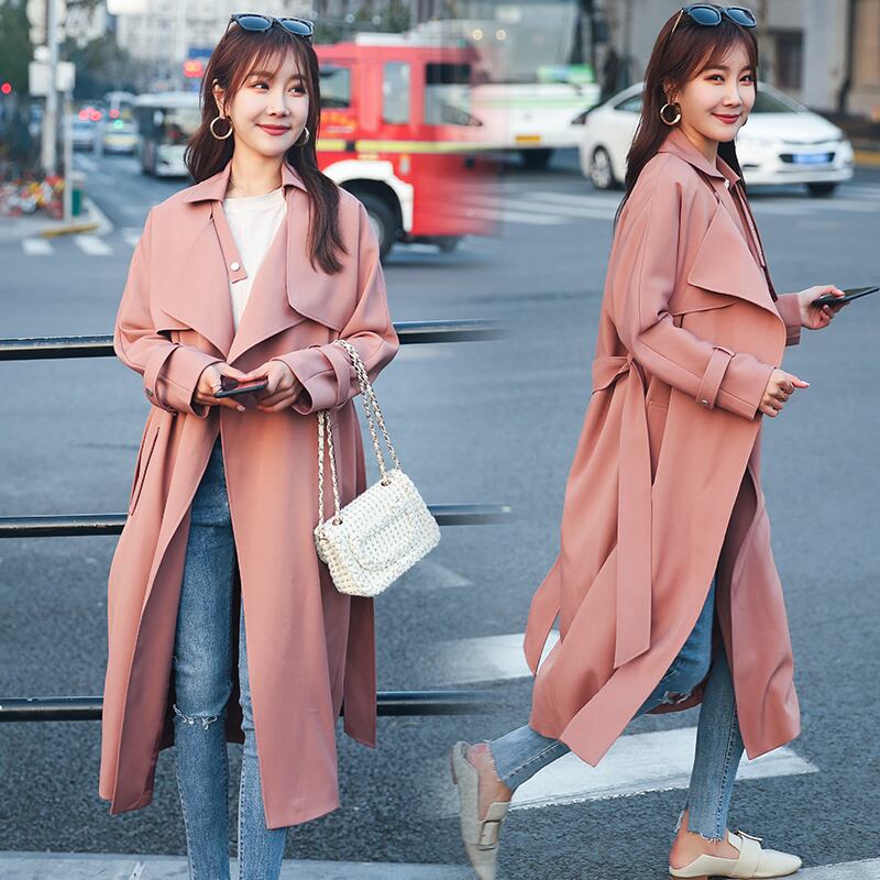 ピンク ロングコート ウエストベルト付 個性的 韓国 ストリート トレンチ ピンク ロングコート ウエストベルト付 個性的 韓国 ストリート