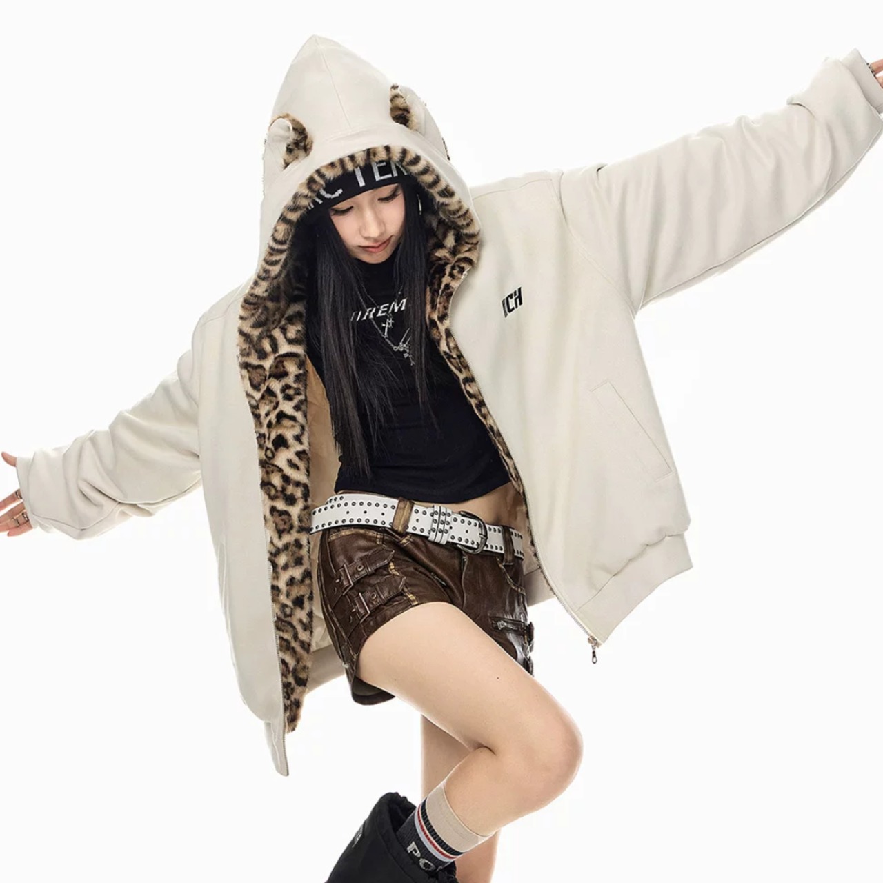 Women's Padded Coat with Leopard-Print Fur(ME498)