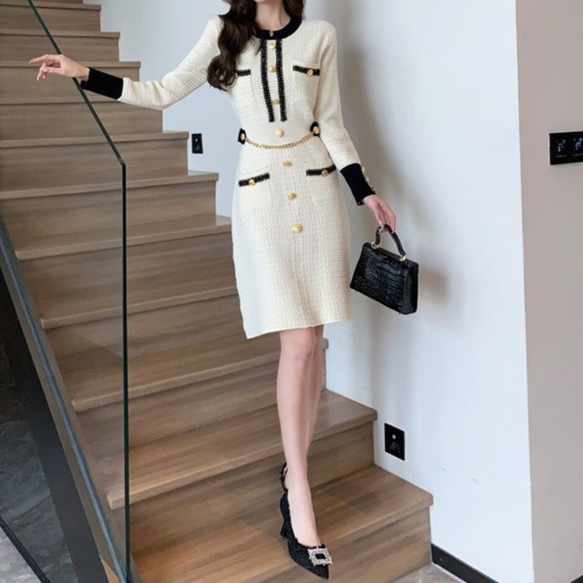 Single breast elegant tweed style middle knit dress ( 2color )