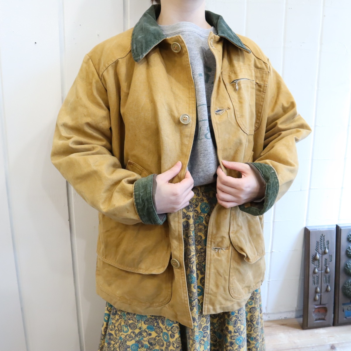 L.L.Bean camel×green corduroy collar hunting jacket [l-4997 