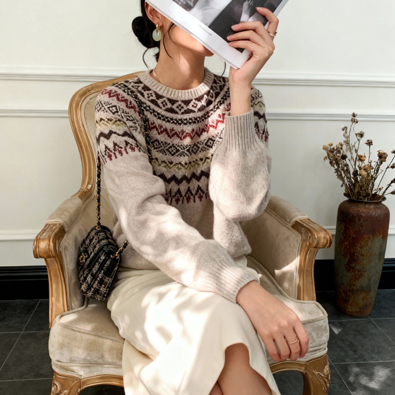 フェアアイル柄 クルーネック ニット W01396