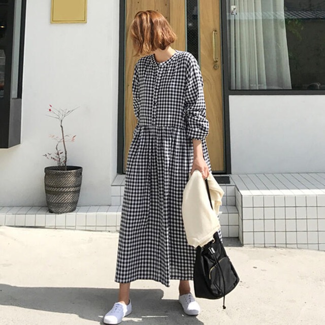 大きいサイズワンピース シャツワンピース 袖あり ロングワンピ ロング丈 ギンガムチェック レディース ワンピ ドレス 長袖 きれいめ 大人可愛い ゆったり リラックス カジュアル フェミニン ブラック 黒 春 秋 夏 冬 代 30代 40代 50代 Like Fashion