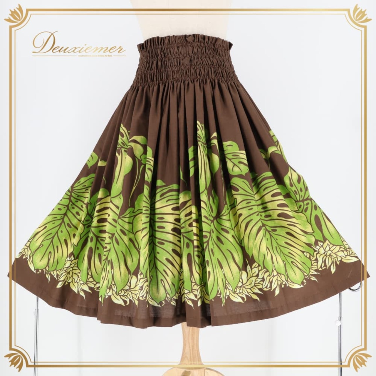 フラダンス 衣装 パウスカート ブラウン系 モンステラ柄 茶 植物柄 ハワイアンプリント アロハ フラ ダンス レッスン 練習 グリーン系 黄緑 シングル スカート フレア ふんわり かわいい おしゃれ 華やか 鮮やか 大人っぽい 上品 練習着 レッスン着
