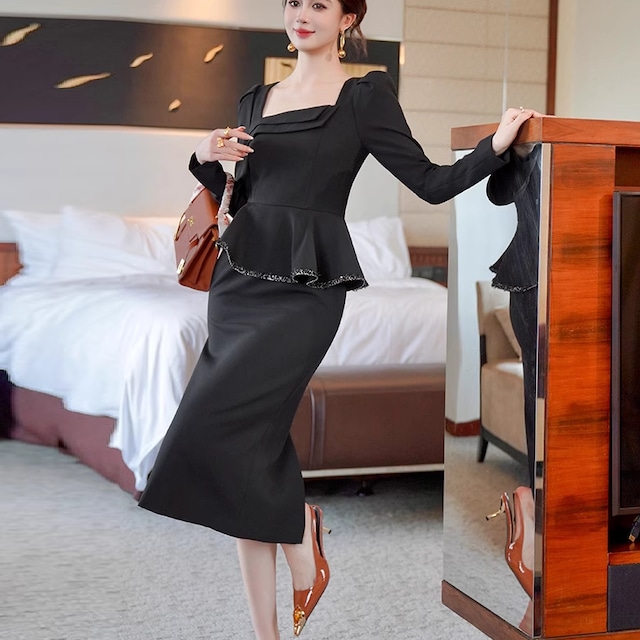 【送料無料】 ロングドレス 2色 2点セット 衣装 ひざ丈 フリル Aライン フレア 長袖 ラウンドネック エレガント 可愛い 大人可愛い きれいめ シンプル カジュアル シック コンサバ 華やか 大人 上品 おしゃれ お洒落 主役級 こなれ感 高見え 無地 オールシーズン シーズンレス 30代 40代 レディース 女性用 ママ お呼ばれ 結婚式 二次会 パーティ 演奏会 着回し ファッション コーデ スタイル 楽ちん 体型カバー 美脚 脚長 定番 着痩せ 垢抜け 存在感