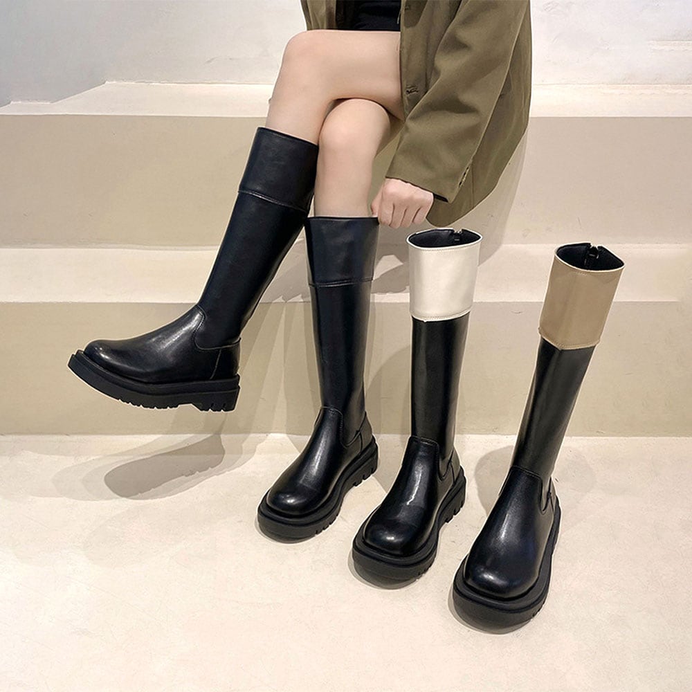 ジョッキーブーツ レディース 秋冬 韓国 厚底 PUレザー ロングブーツ 大人 きれいめ シンプル 通勤 太ヒール 歩きやすい 履きやすい 大人可愛い 大人女子