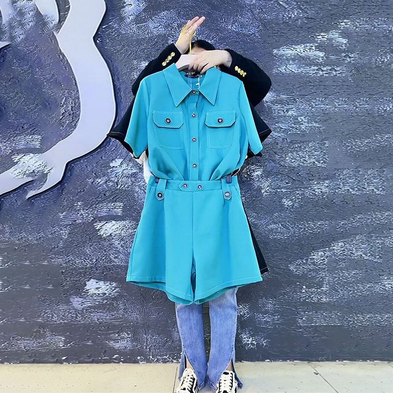 カジュアルルーズダブルポケットライン半袖スリーブシャツ ショーツ ハーフスリーブ 大きめサイズ ブルマー ミックスインファッション42379657440