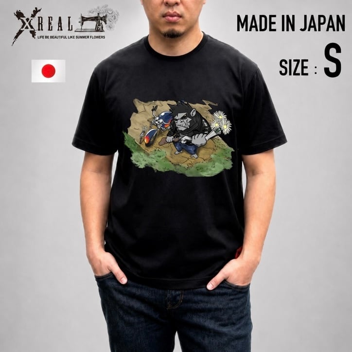 日本製 Tシャツ NO WAR ゴリラ限定プリント XREAL 超ハイゲージ生地 黒