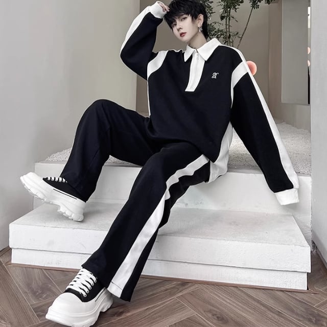 【予約販売】メンズ セットアップ 上下 ジャージ スエット 長袖 無地 ライン バイカラー ブラック/ホワイト ジップアップ ストリート カジュアル 春夏 韓国 トレンド こなれ感 M/L/XL