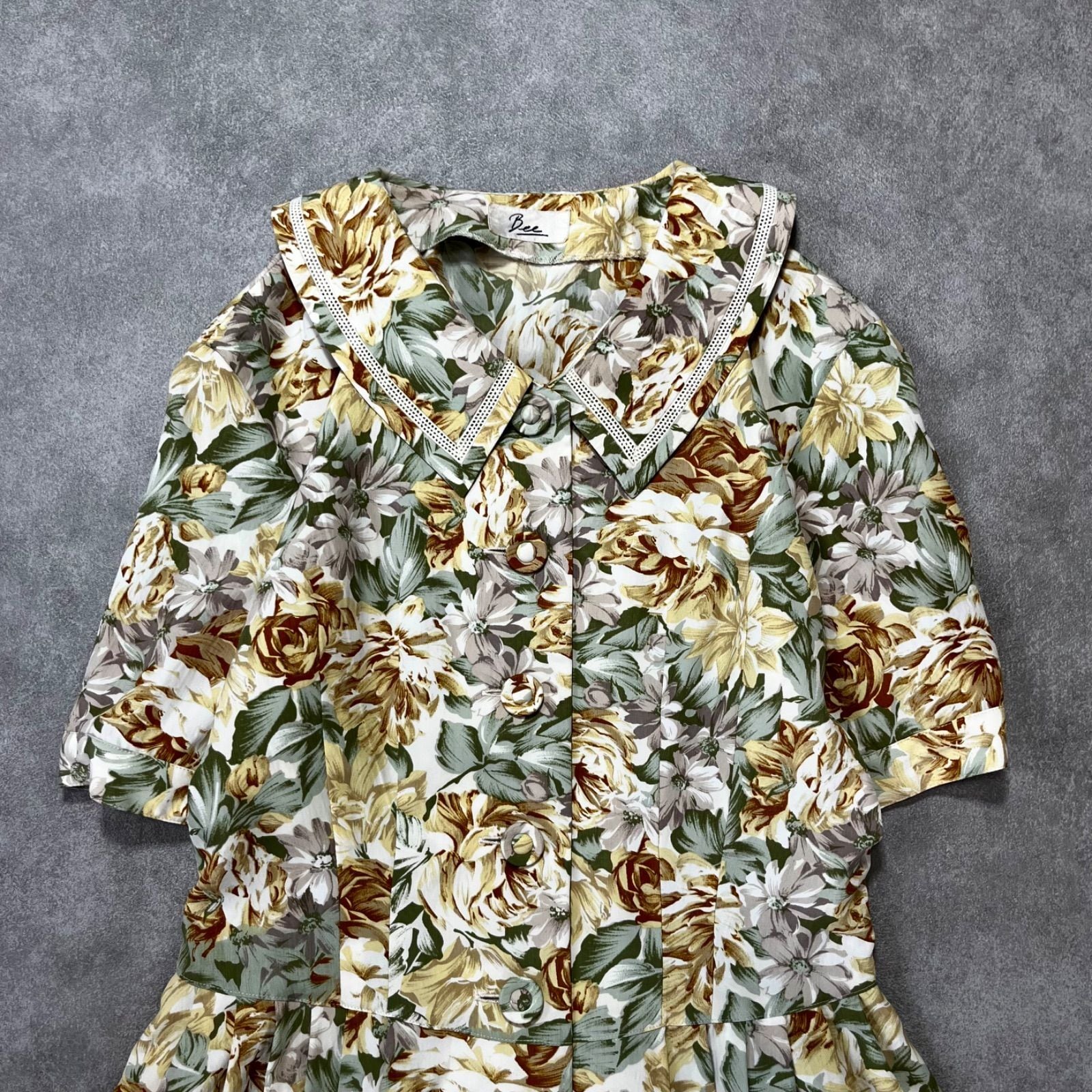 昭和レトロ 花柄 半袖ロングワンピース 総柄 刺繍入り襟 ホワイト M