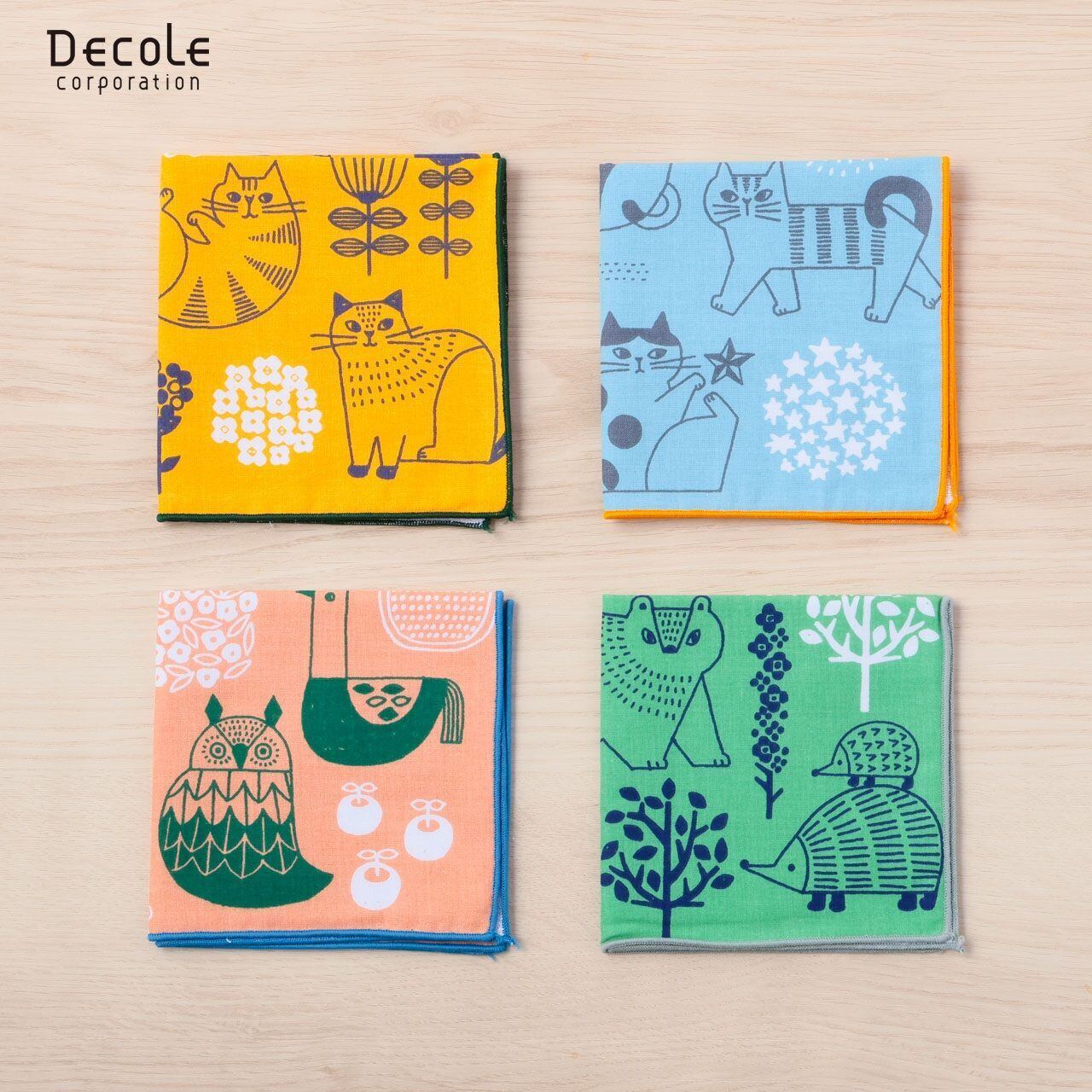 FIKAハンカチ ハンカチ レディース 日本製 コットン 綿 ねこ 吸水性 速乾性 動物 贈り物 かわいい ギフト プレゼント イエローブルー グリーン サーモンピンク デコレ Decole 7906 zk118