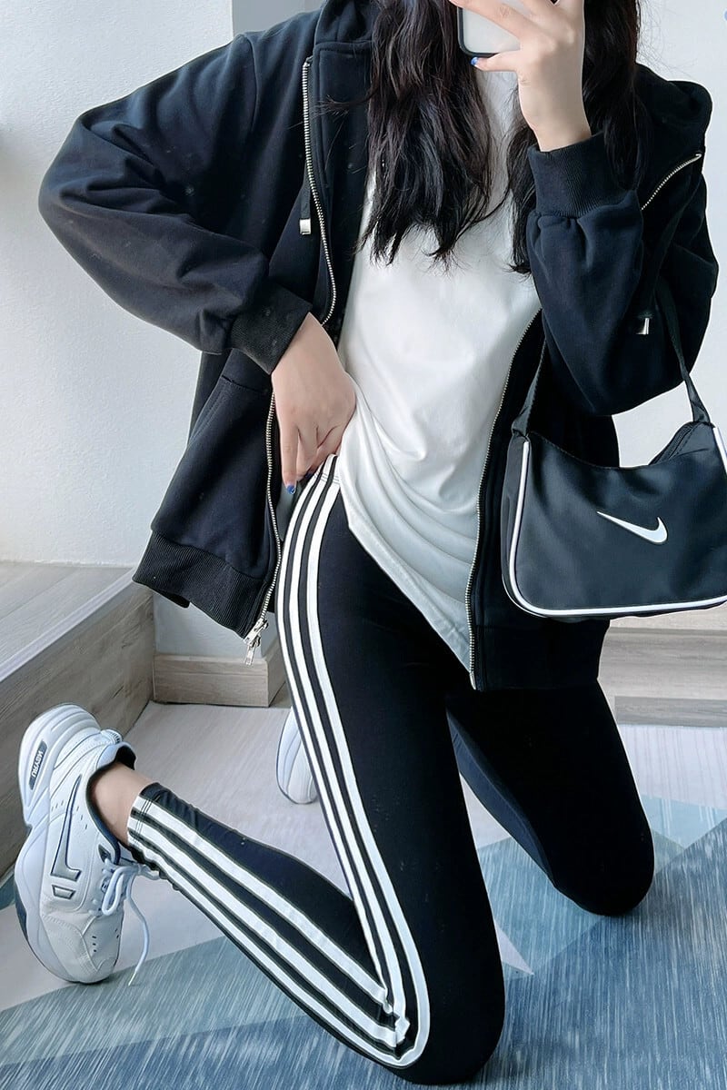 スリーストライプスレギンス女性、秋の薄いモーダルサイドホワイト