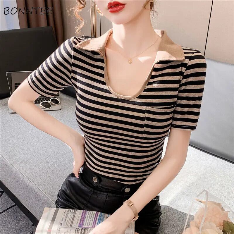【新作】【送料無料】 Tシャツ女性ストライプクロップスキニーエレガントレトロセクシーなベーシック夏新しいオールマッチ Mujer футболка スタイリッシュな OL デザイン人気の Ins 0297545839557