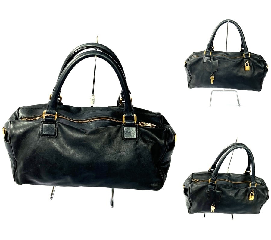 LOEWE ロエベ アナグラム レザー ハンドバッグ ミニ ボストン ブラック