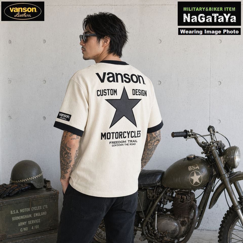 VANSON バンソン ワンスターロゴ刺繍 サーマル ヘンリーネック 半袖T