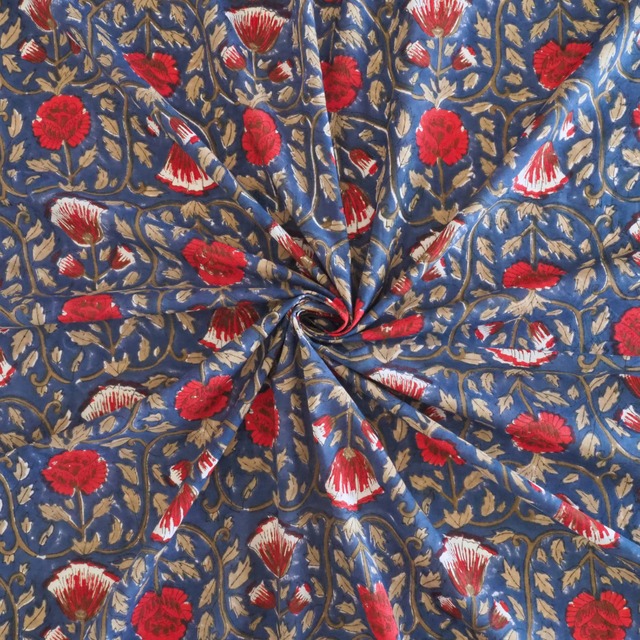 ブロックプリント生地【50cm単位】インド綿  花柄 ネイビー×赤 #26460-NV1【再入荷】
