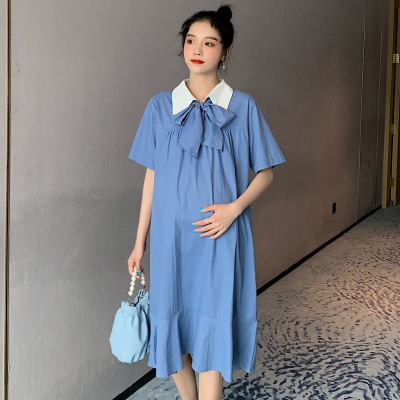 【新作】【送料無料】 マタニティウェア2020夏の新しいスタイルのコットンとリネンのラペルフィッシュテールドレス、年齢を減らすミドル丈のファッションマタニティドレス-アリババ サマー 夏物 expec276868599582