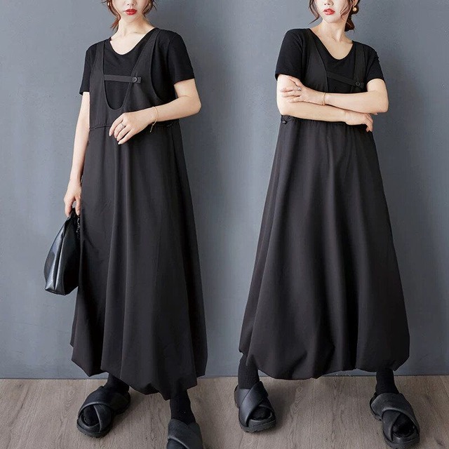 BLACK DRAWCORD WAIST A-LINE BALLOON JUMPER DRESS 1color M-16558