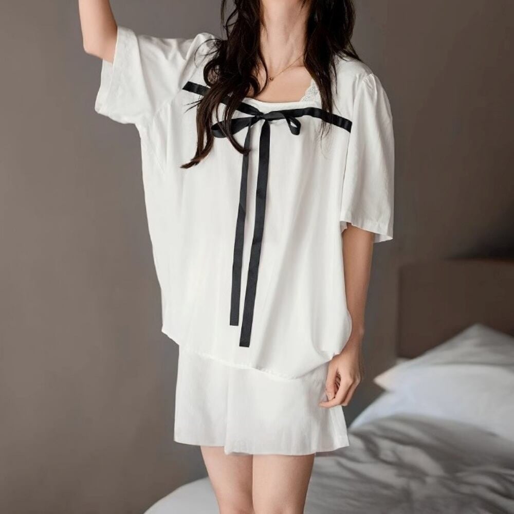 【M-XL】two-tone ribbon decoration pajamas p1486