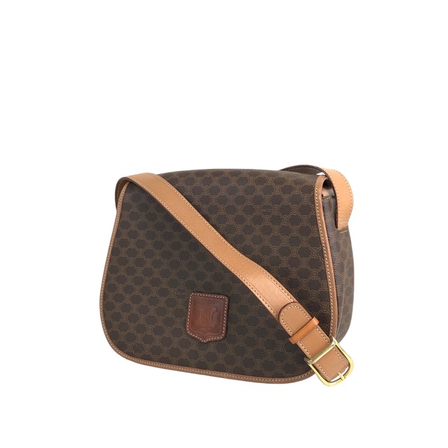 CELINE セリーヌ マカダム ショルダーバッグ ブラウン ブラゾン型押し PVC レザー フラップ vintage ヴィンテージ オールド wapv4m