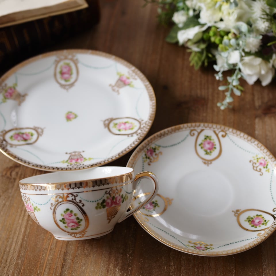 オールドノリタケ 薔薇ガーランド　金盛　トリオ Old Noritake｜オールドノリタケ 薔薇と金彩ガーランド アンティーク
