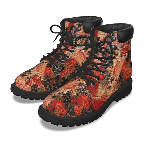 和牡丹紋様装飾　黒紅　和柄ユニセックスヴィーガンレザーブーツ