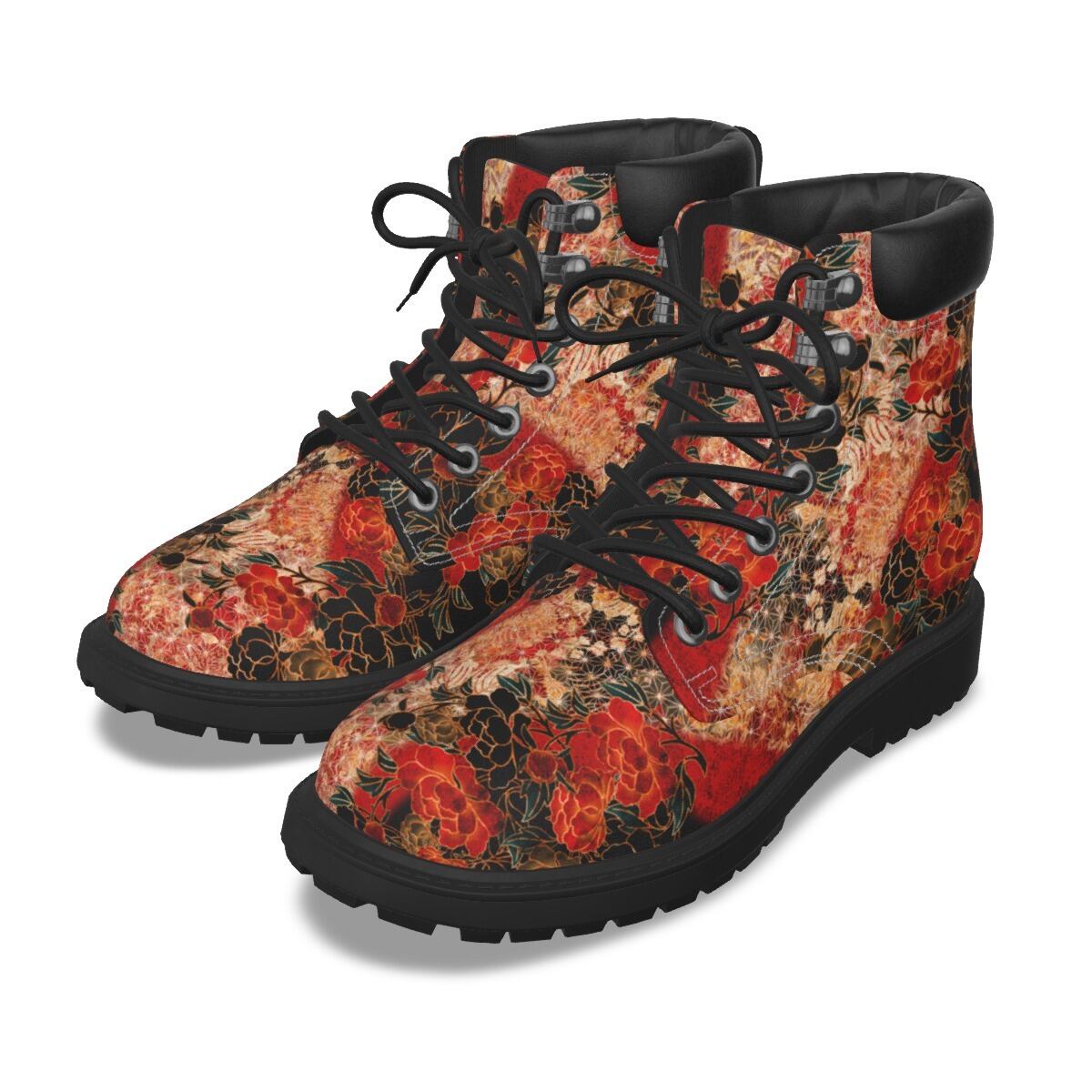 和牡丹紋様装飾　黒紅　和柄ユニセックスヴィーガンレザーブーツ