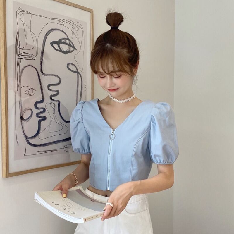 スタンダードトップス サマージッパースリムシャツ レディース レトロ 夏物 スクウェア 1号婦人81783791775