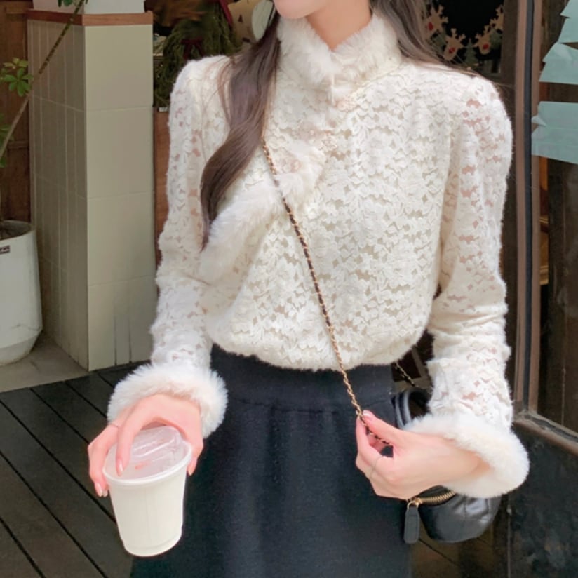 チャイニーズレトロフリースレース長袖シャツ