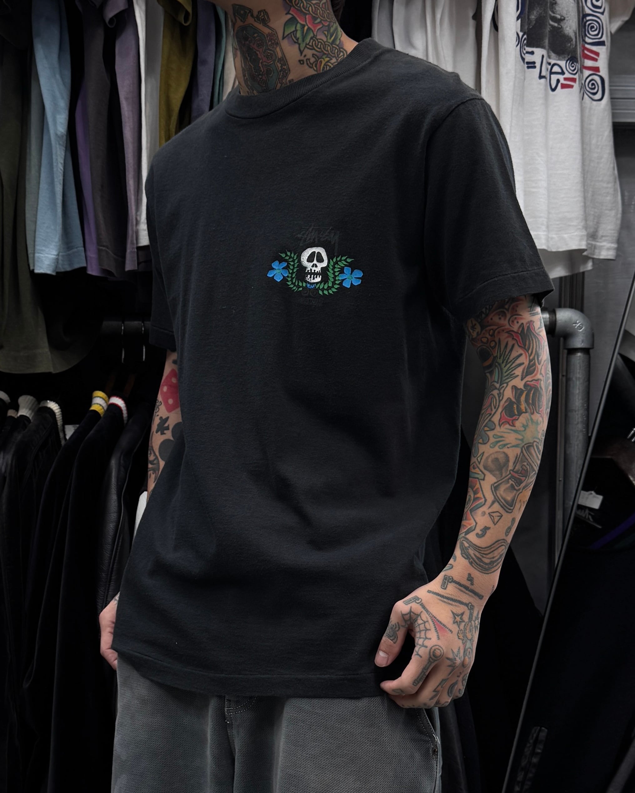 90's old stussy Skull Flower Design Tee “黒タグ” “スカルフラワー