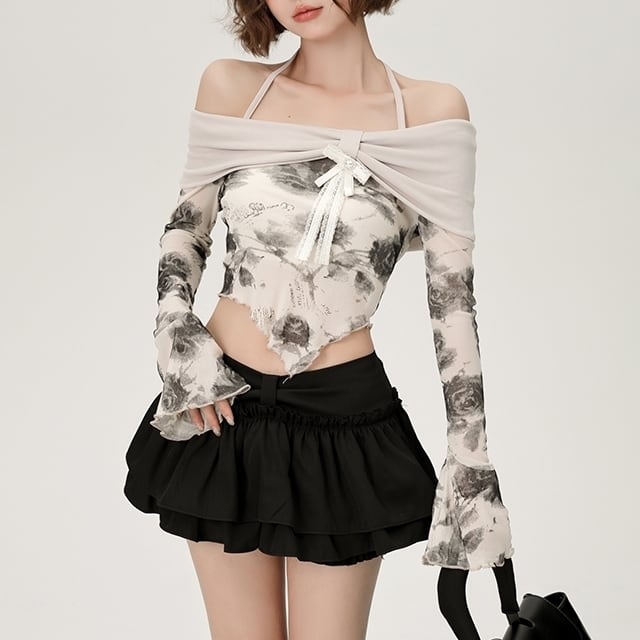 Rosé a Pois（ロゼ・ア・ポワ）グレー オフショルダー 長袖トップス 肩レース（黒）オフショルダーウエストドロスト前あき長袖