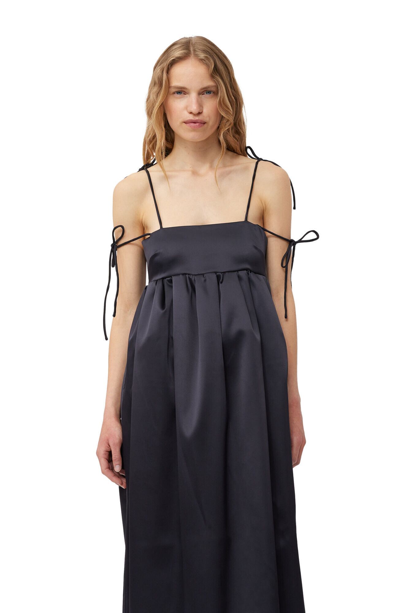 ★Ganni★ブラック ダブル サテン ストリング ロング ドレス GANNI】BLACK DOUBLE SATIN STRING LONG DRESS | idealclasse