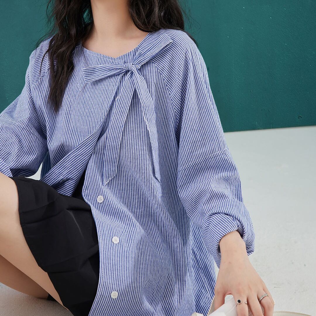 ストライプ柄 フロントボタン ボウタイ ロングスリーブシャツ 00442