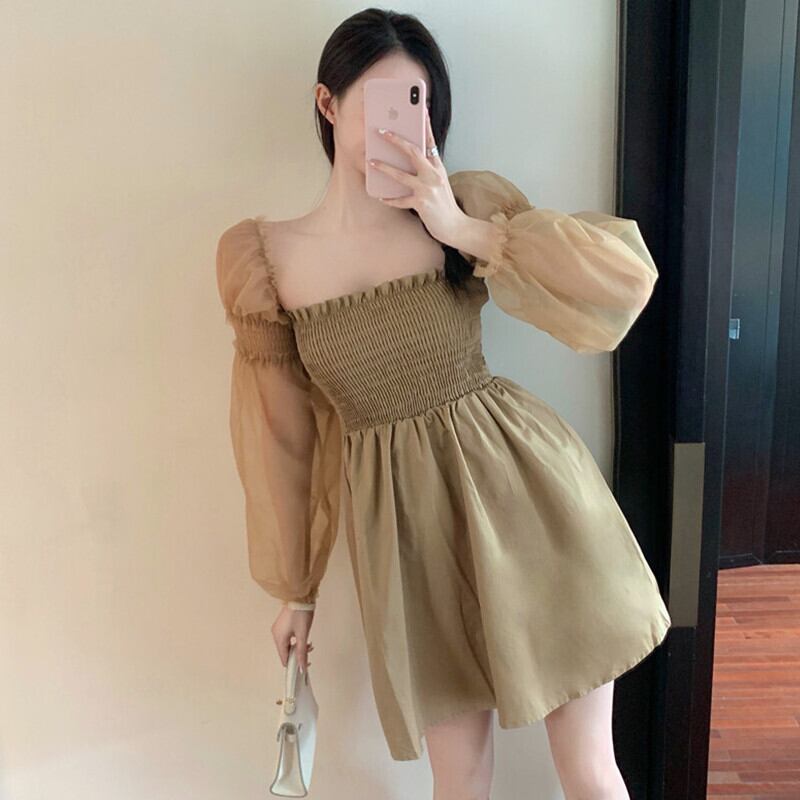 スタンダードスタイルカラーブラックドレス オータムウェストメッシュスリーブ レトロ 秋物 スクウェア ガールズファッション87090021698