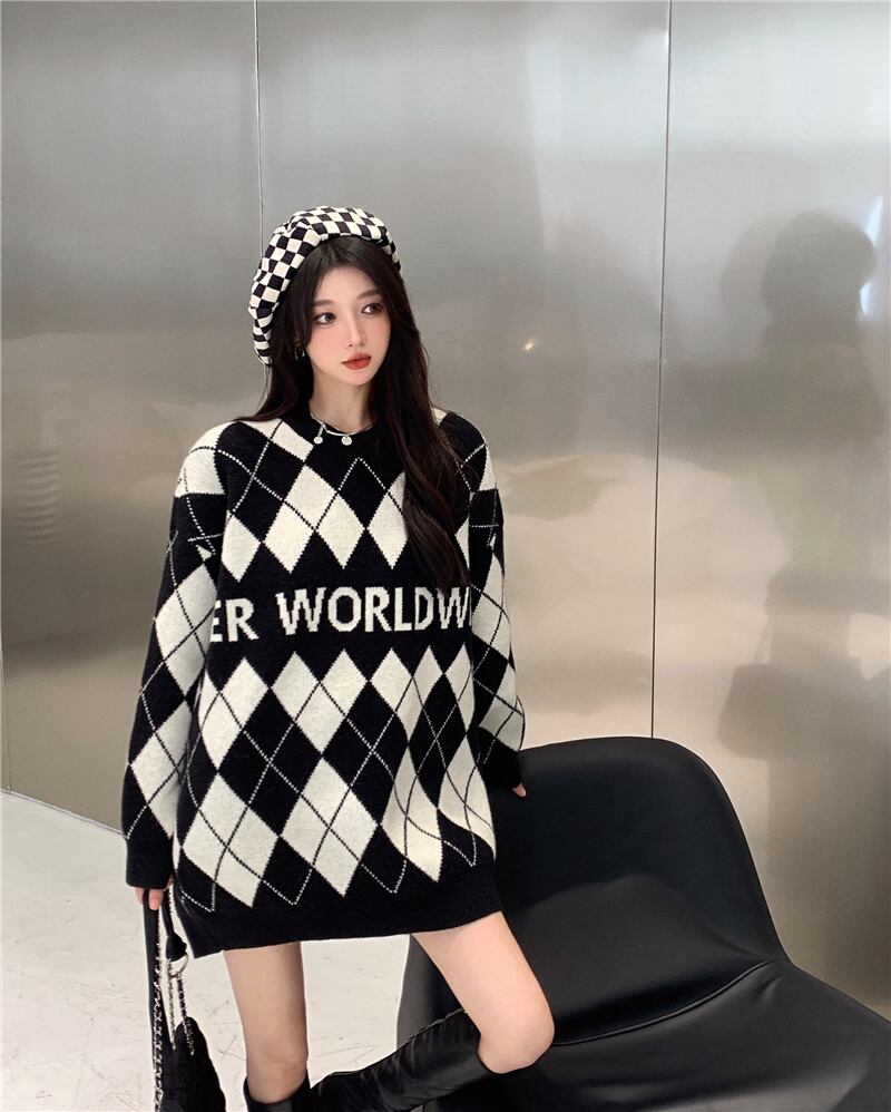格子柄セーター ルーズスタイルスタンダードニットトップス オータムウィンター レトロ 秋物 冬物 ブラックストロベリース98890764590