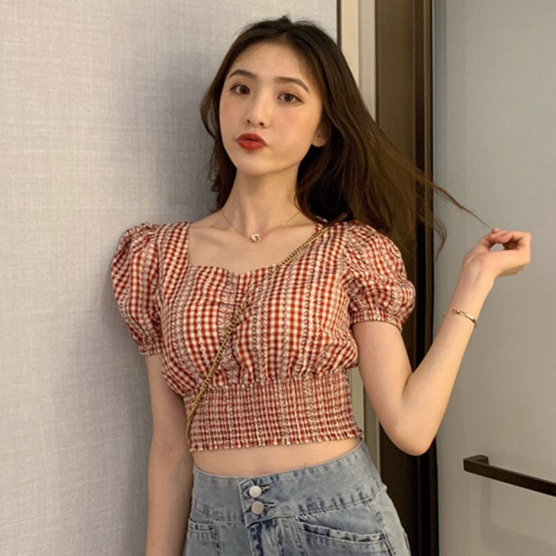 2020年夏のワイルドレトロ気質スクエアカラーチェック柄パフスリーブショートシャツファッションレディーストレンドの新バージョン YY-ファッション22074177025
