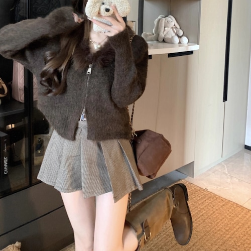 2色／ファーVネックダブルジップニットカーデ ・73153