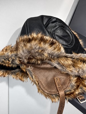 2way leather×fur flight cap／Black【ユニセックス】