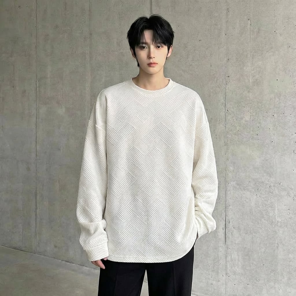 幾何学模様 ルーズ長袖Tシャツ 3カラー D11477